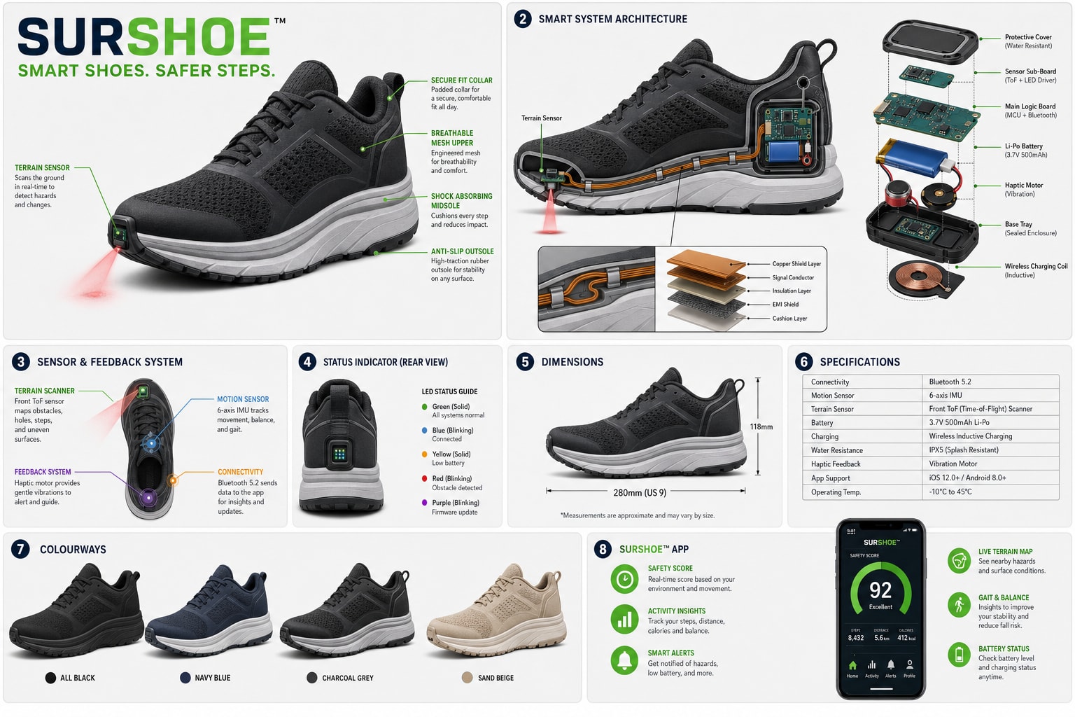 Complete SurShoe smart mobility shoe product blueprint