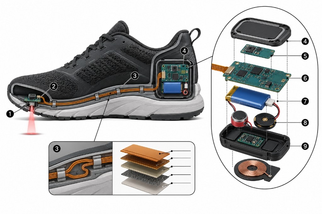 Cutaway view of the SurShoe shoe showing the terrain sensor, conductive midsole ribbons, heel electronics module, battery and wireless charging coil
