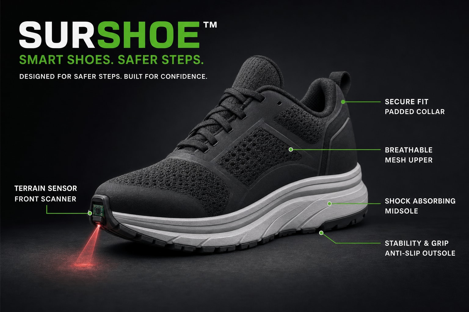 SurShoe smart mobility shoe with terrain sensor, breathable mesh upper, padded collar, shock absorbing midsole and anti-slip outsole