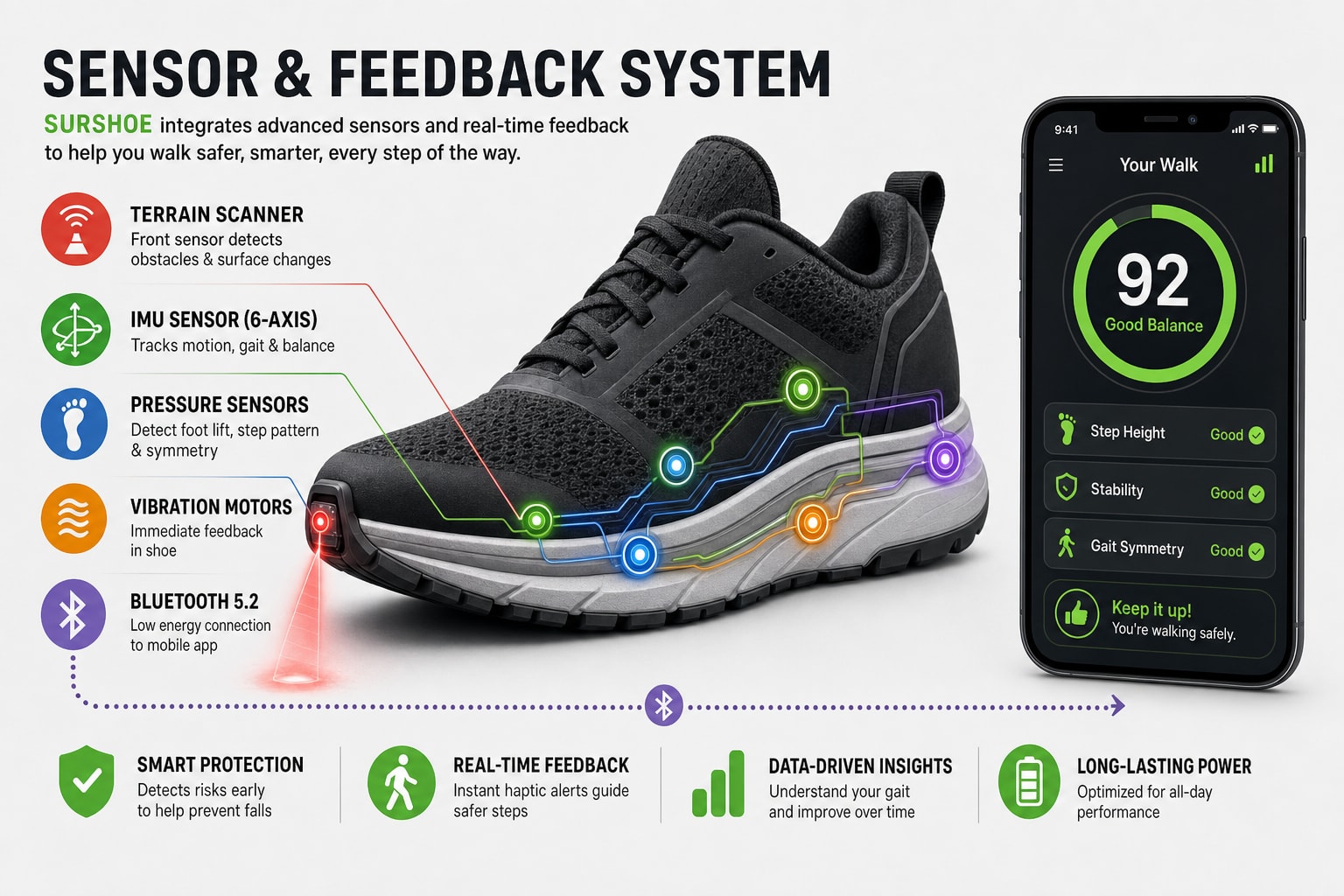 Diagram showing the SurShoe terrain scanner, IMU sensor, pressure sensors, vibration motors, Bluetooth connection and companion mobile app